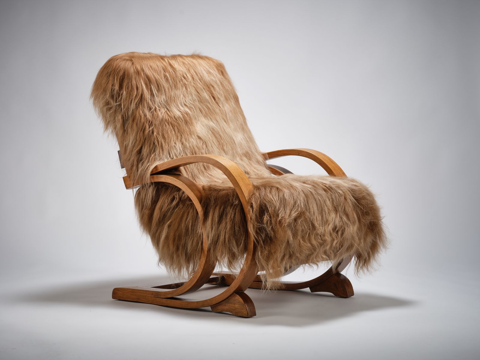 Unique & Rare Modernist Deco ‘Famulus’ By J P Hully Bentwood Sprung Seated Armchair Wrapped In Icelandic Sheepskin & Cognac Leather. Circa 1930s