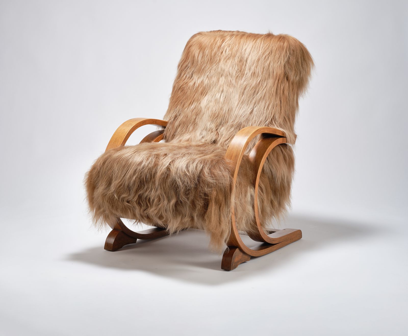 Unique & Rare Modernist Deco ‘Famulus’ By J P Hully Bentwood Sprung Seated Armchair Wrapped In Icelandic Sheepskin & Cognac Leather. Circa 1930s photo buy
