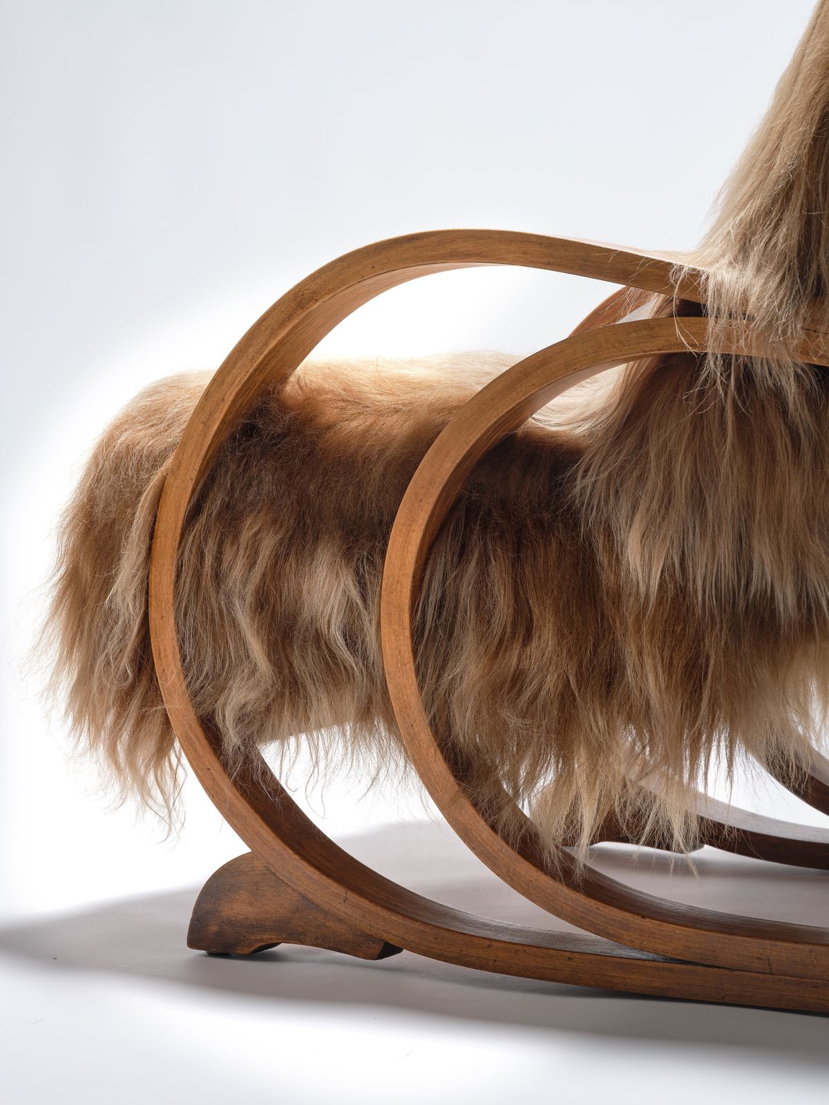 photo for sale Unique & Rare Modernist Deco ‘Famulus’ By J P Hully Bentwood Sprung Seated Armchair Wrapped In Icelandic Sheepskin & Cognac Leather. Circa 1930s