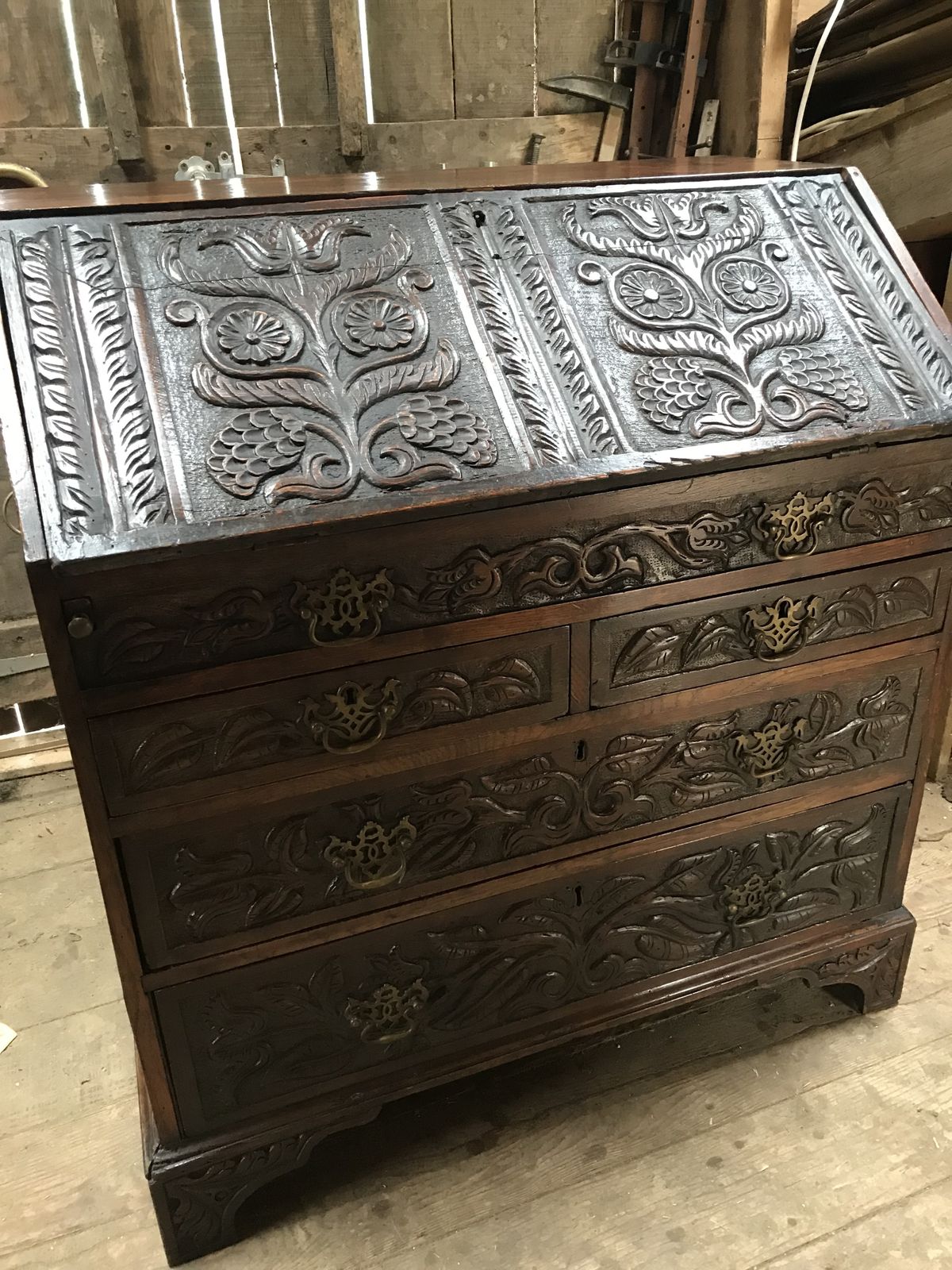 Early 19th Century Hand Carved Oak Bureau/ Drawers .