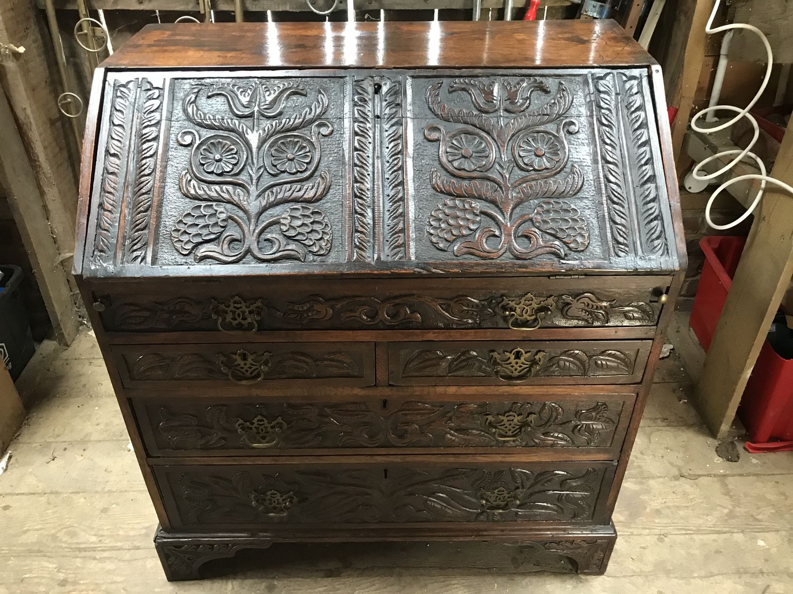 Early 19th Century Hand Carved Oak Bureau/ Drawers . photo vintage