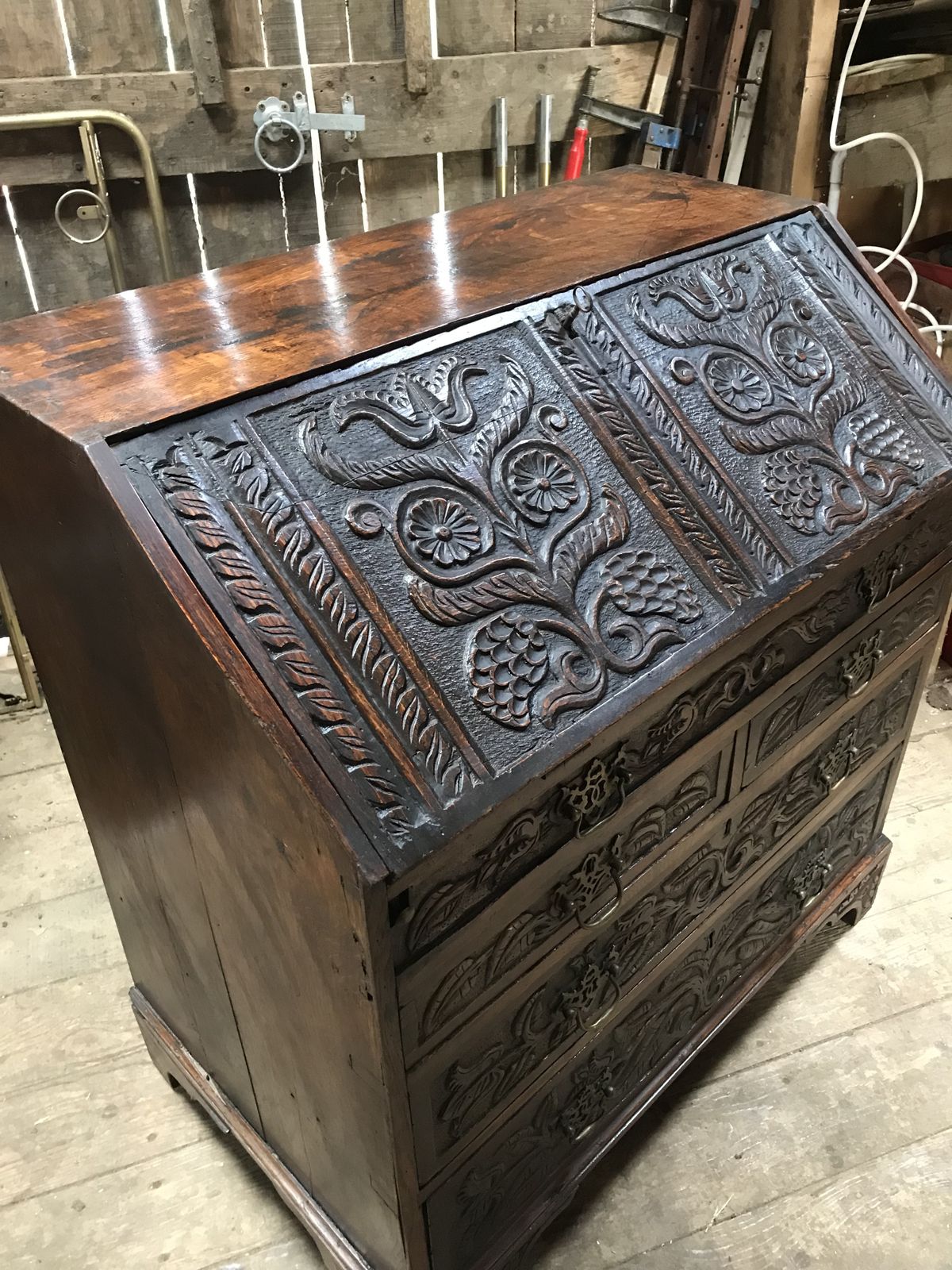 Furniture Early 19th Century Hand Carved Oak Bureau/ Drawers . photo