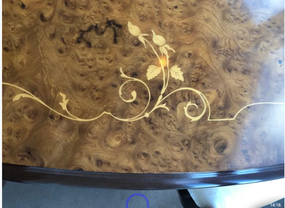 Italian Elegant Dinner Table, Intarsia Like Flower Motif, Golden Metal Adornment On Legs And Chairs photo vinterior