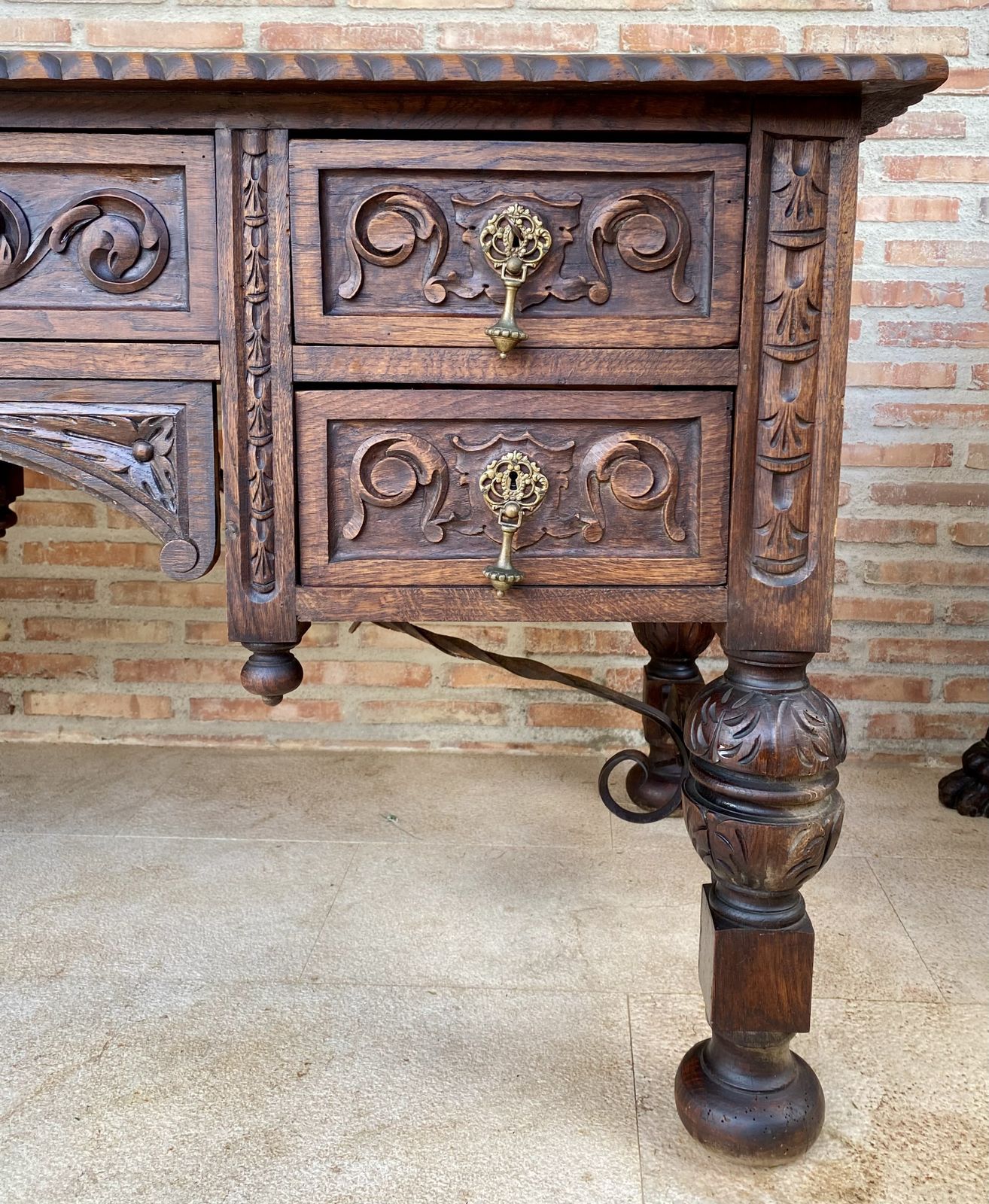 19th Century French Renaissance Hand Carved Desk Or Writing Table With Carved Structure And Iron Stretcher photo for sale