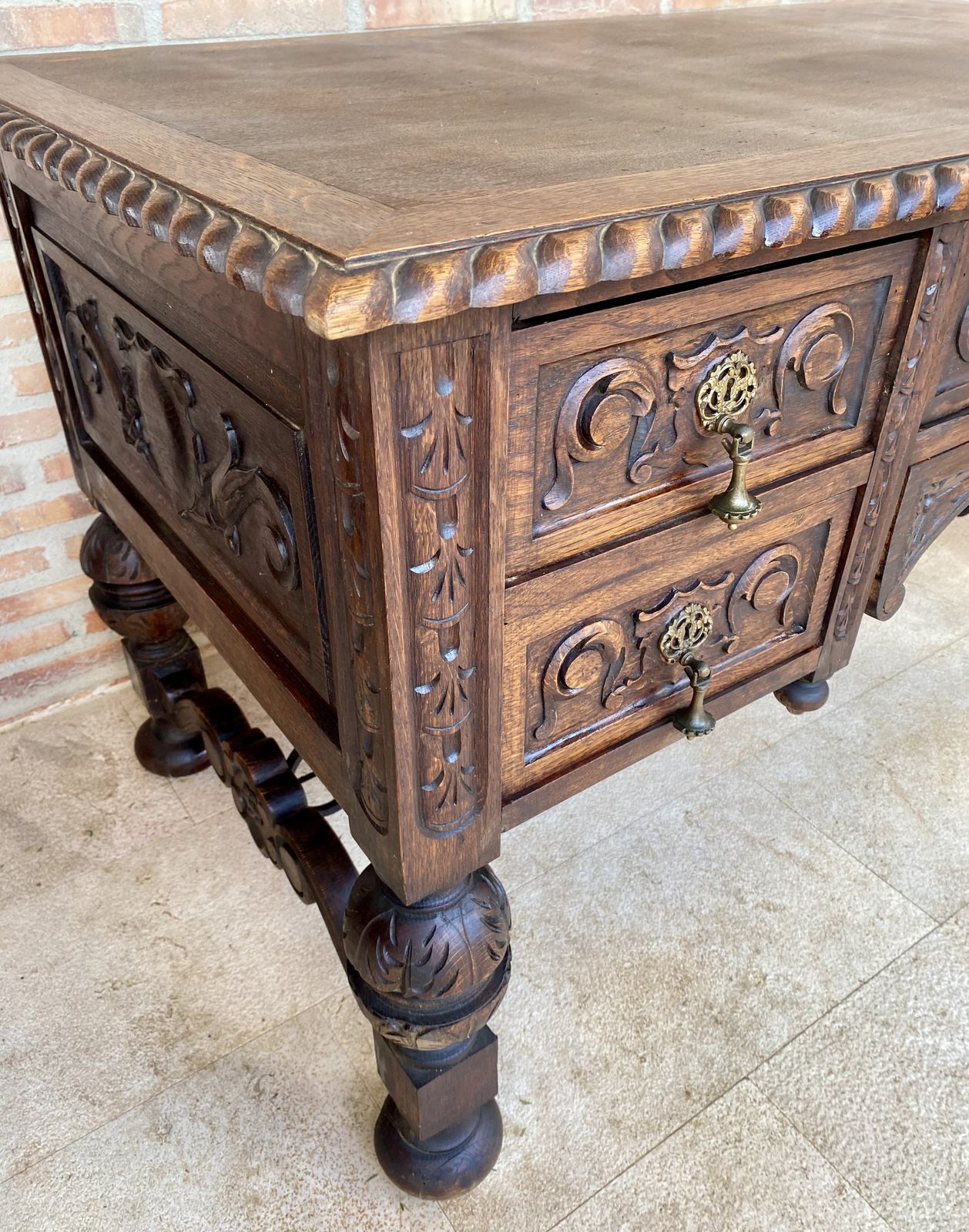 19th Century French Renaissance Hand Carved Desk Or Writing Table With Carved Structure And Iron Stretcher photo 4840.63