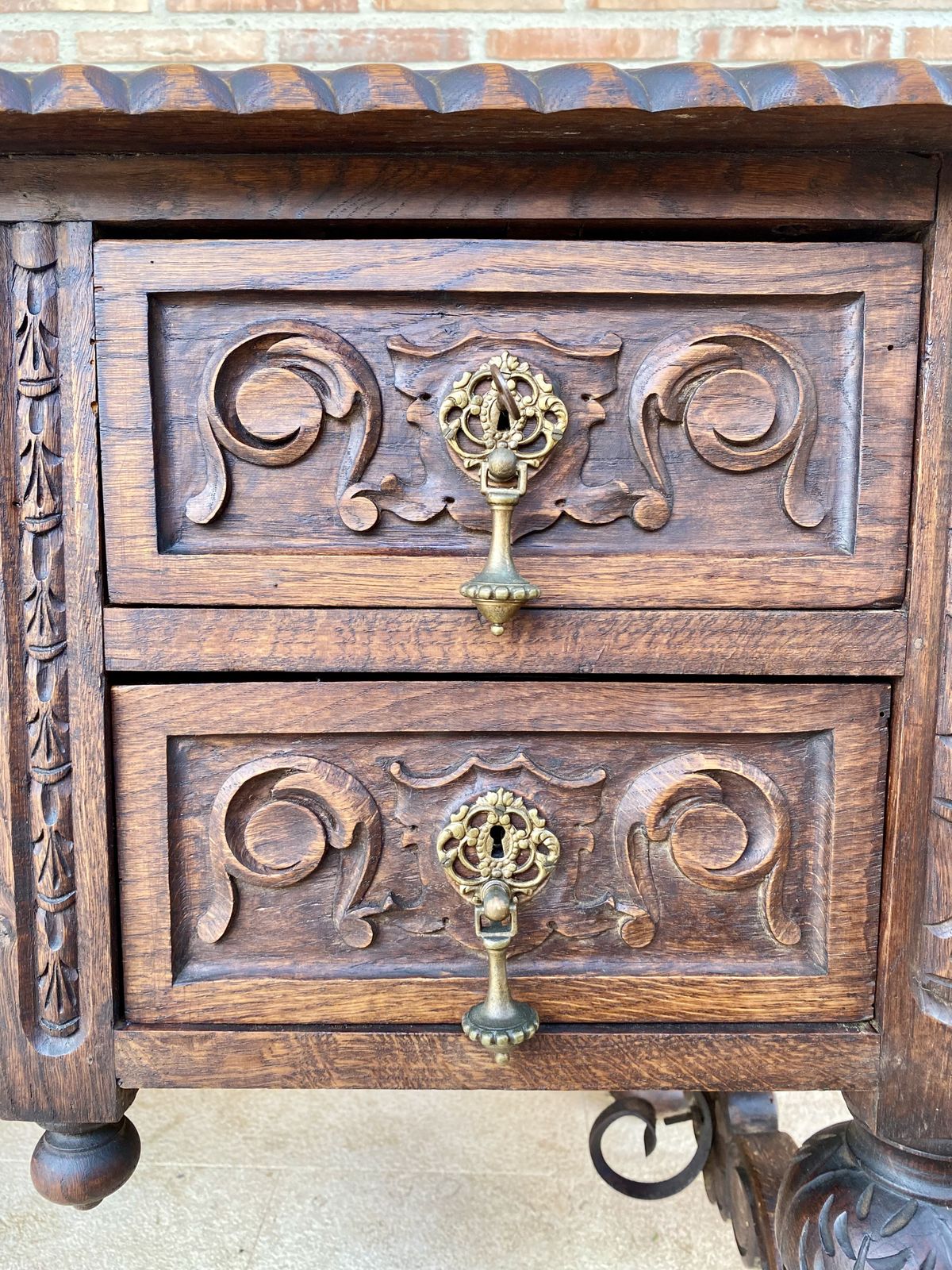 photo for sale 19th Century French Renaissance Hand Carved Desk Or Writing Table With Carved Structure And Iron Stretcher