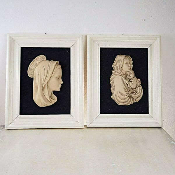 Pair Of Paintings With Madonna Bas Relief In Vintage Resin