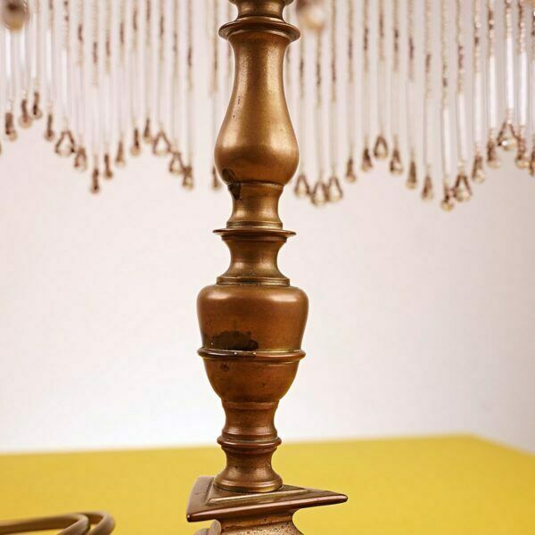 Vintage Table Lamp With Brass Base And Satin Lampshade With Beads photo Lighting