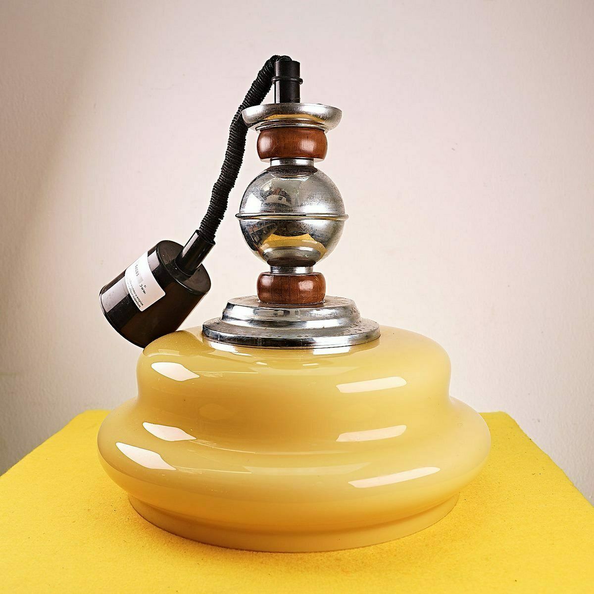 Vintage Yellow Glass Chandelier With Metal And Wood Structure