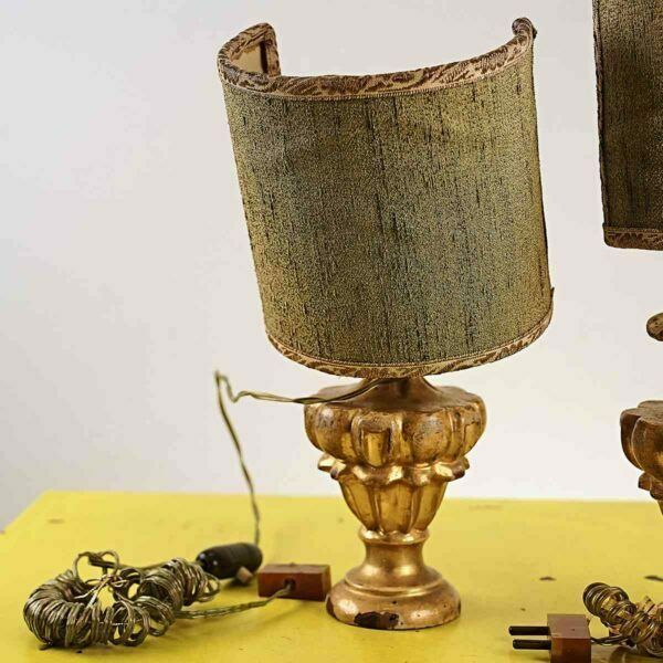 Pair Of Antique Golden Lamps, Wooden Palm Holder photo furniture
