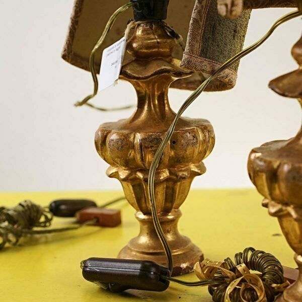 Pair Of Antique Golden Lamps, Wooden Palm Holder photo buy