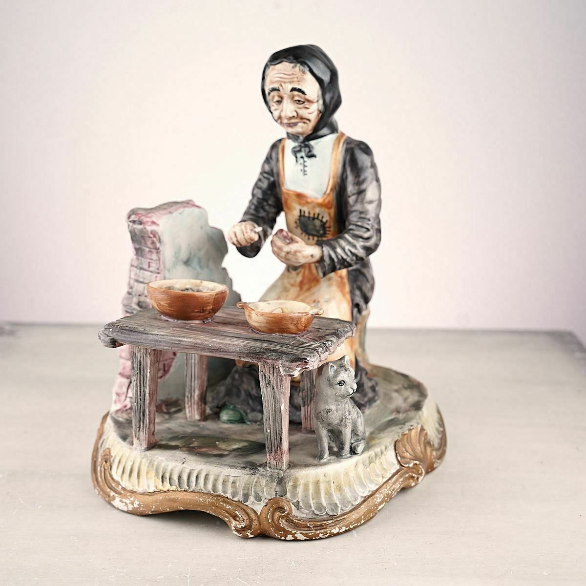 Bassano Porcelain Statue Of Elderly Figure With Cat