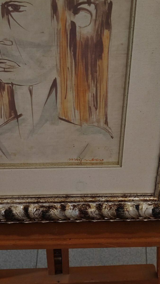 Work By Giuseppe Migneco, Tempera On Canvas Cardboard From 1960, Woman's Face In Profile photo for sale