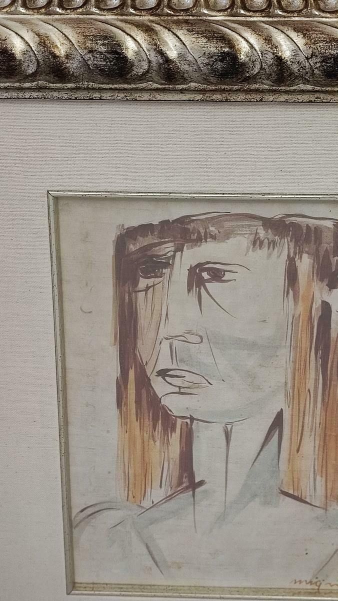 Work By Giuseppe Migneco, Tempera On Canvas Cardboard From 1960, Woman's Face In Profile photo Art