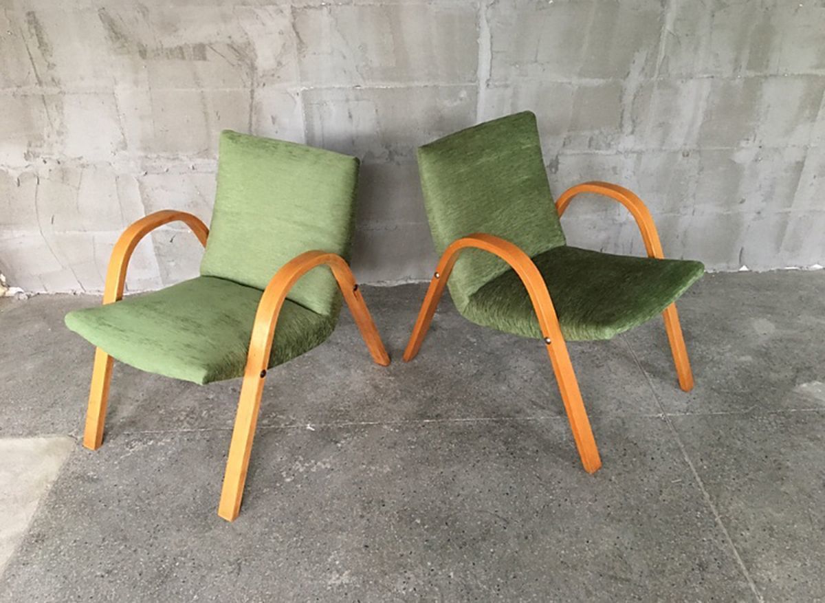 Mid Century French Bentwood Lounge Chairs By Hugues Steiner, Set Of 2