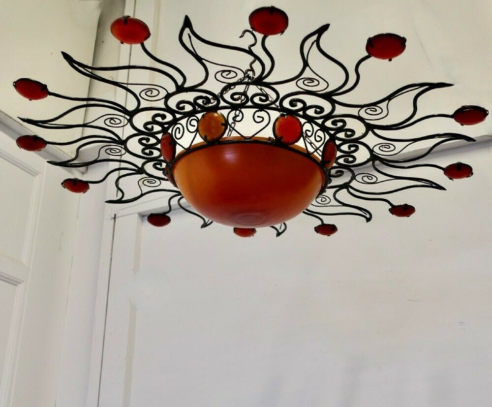 Large 1960s Moroccan Wrought Iron Sun Lamp Shade photo for sale