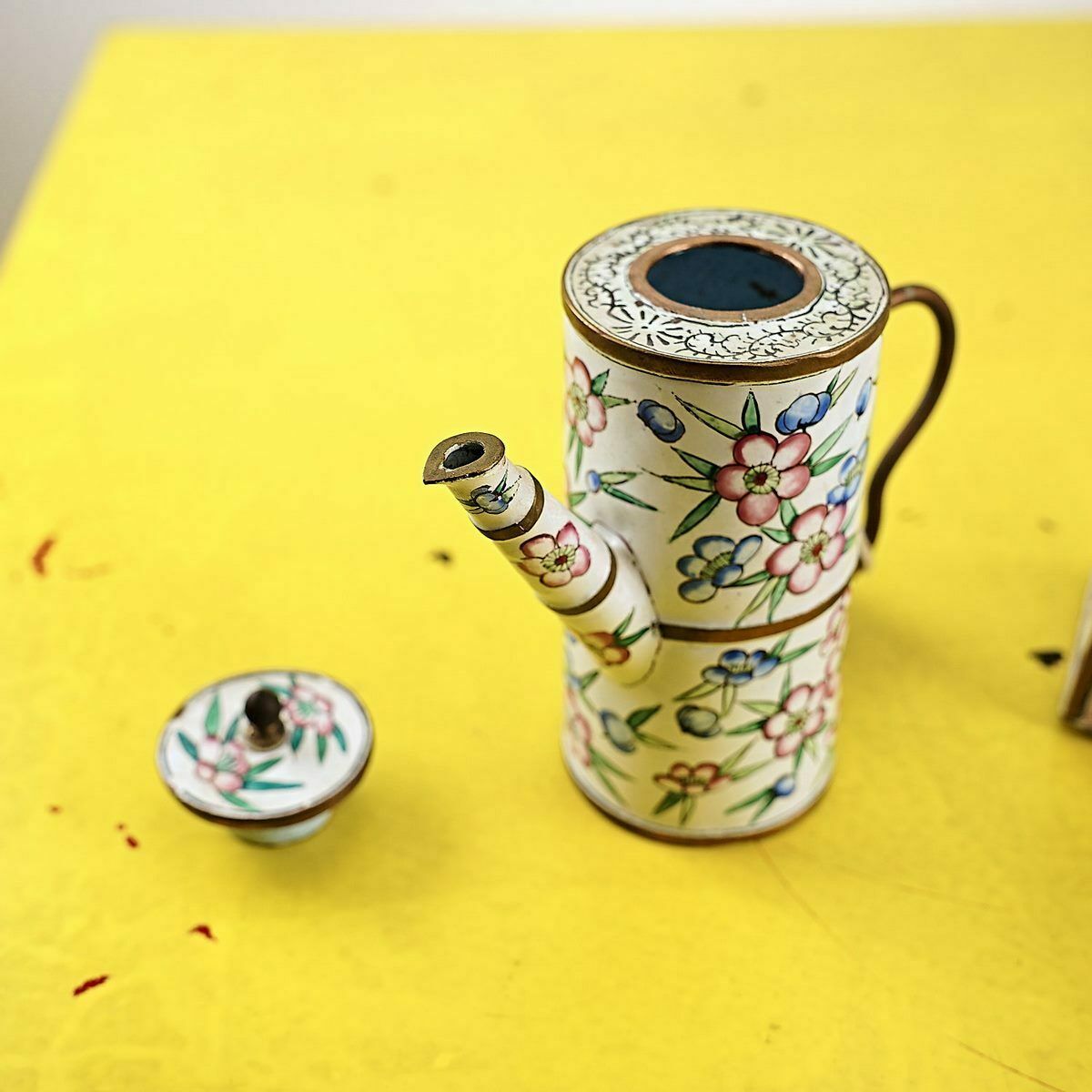 Pair Of Small Antique Chinese Teapots In Enamelled Metal And Ceramic photo Home Decor