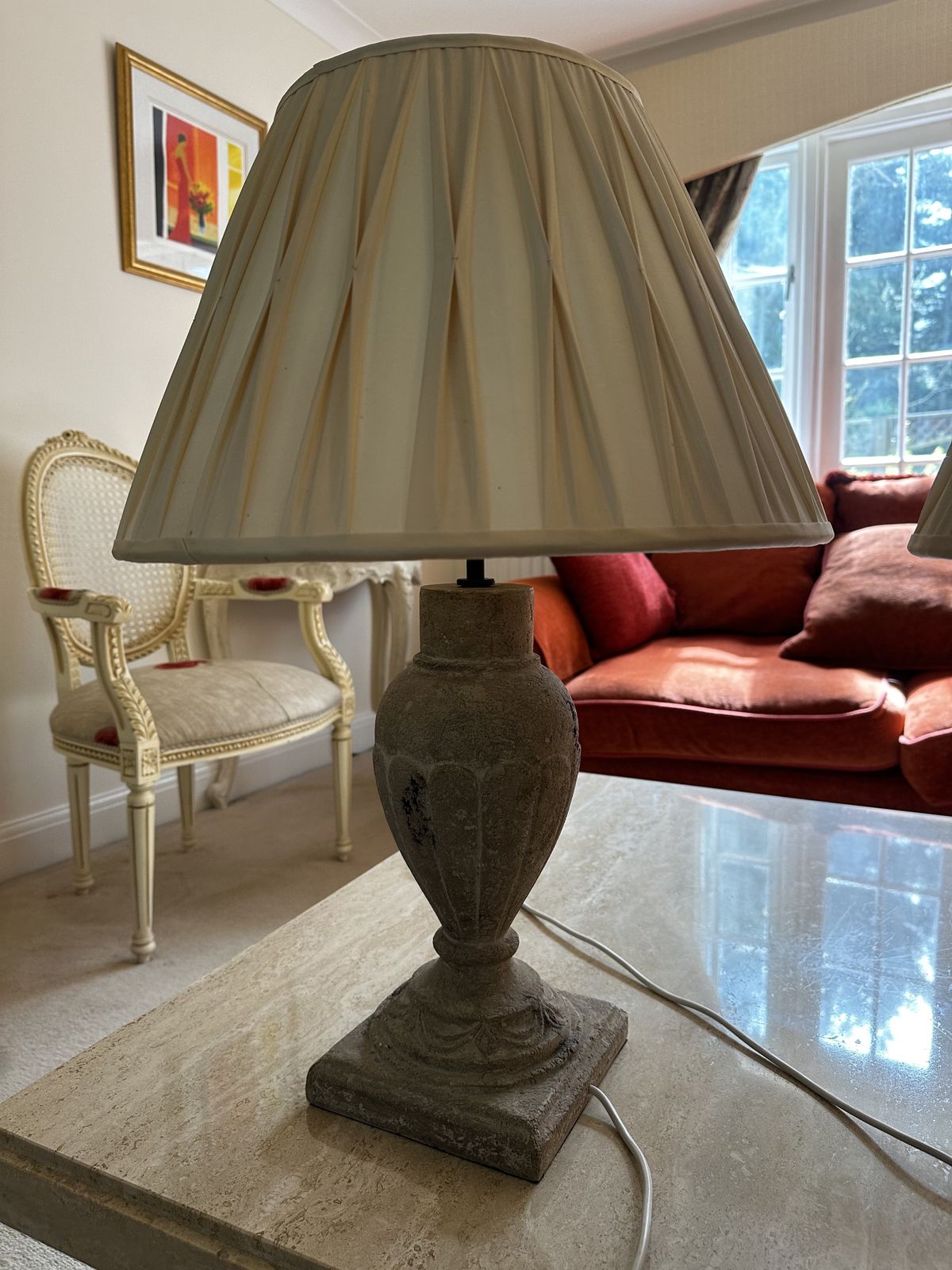 Matching Pair Of Ornate Stone Lamps &  Pleated Cream Lampshades