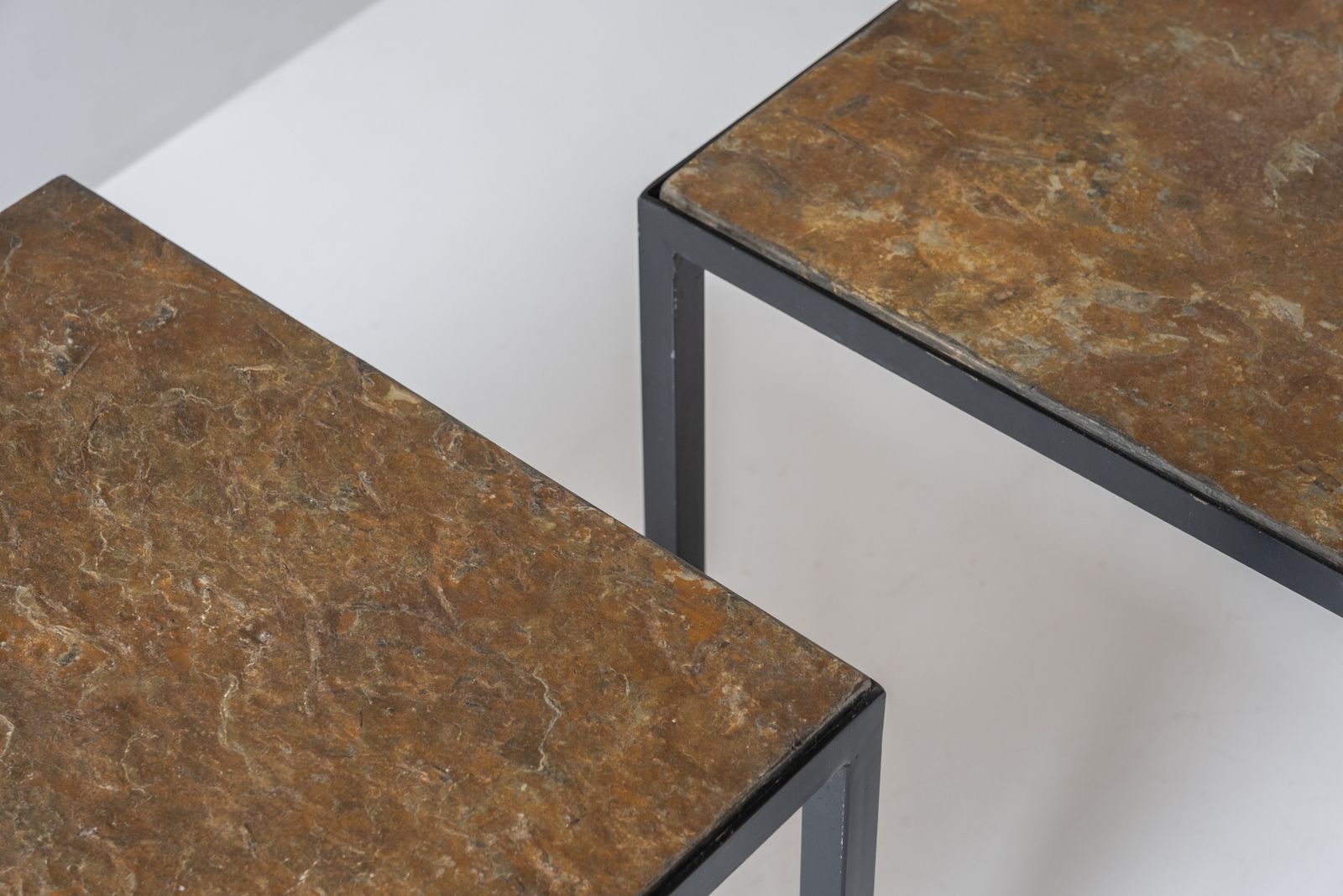 photo furniture Set Of 2 Identical Square Slate Stone Coffee Table From The 1950’s.