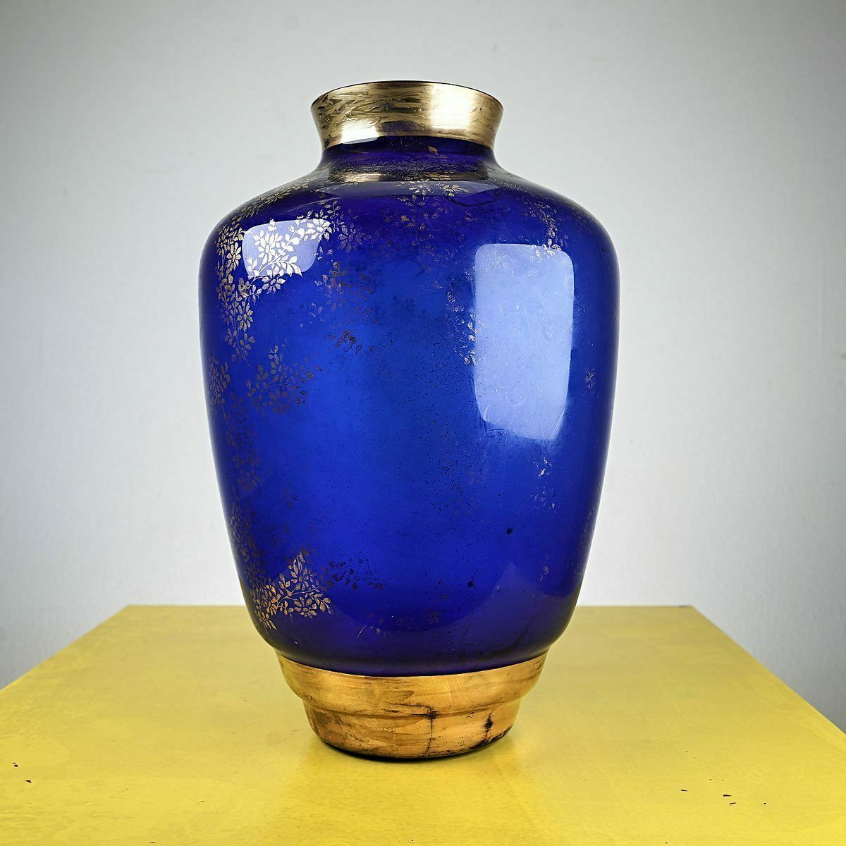 Large Cobalt Blue Glass Vase With Gold Floral Decorations From The 1950s/60s