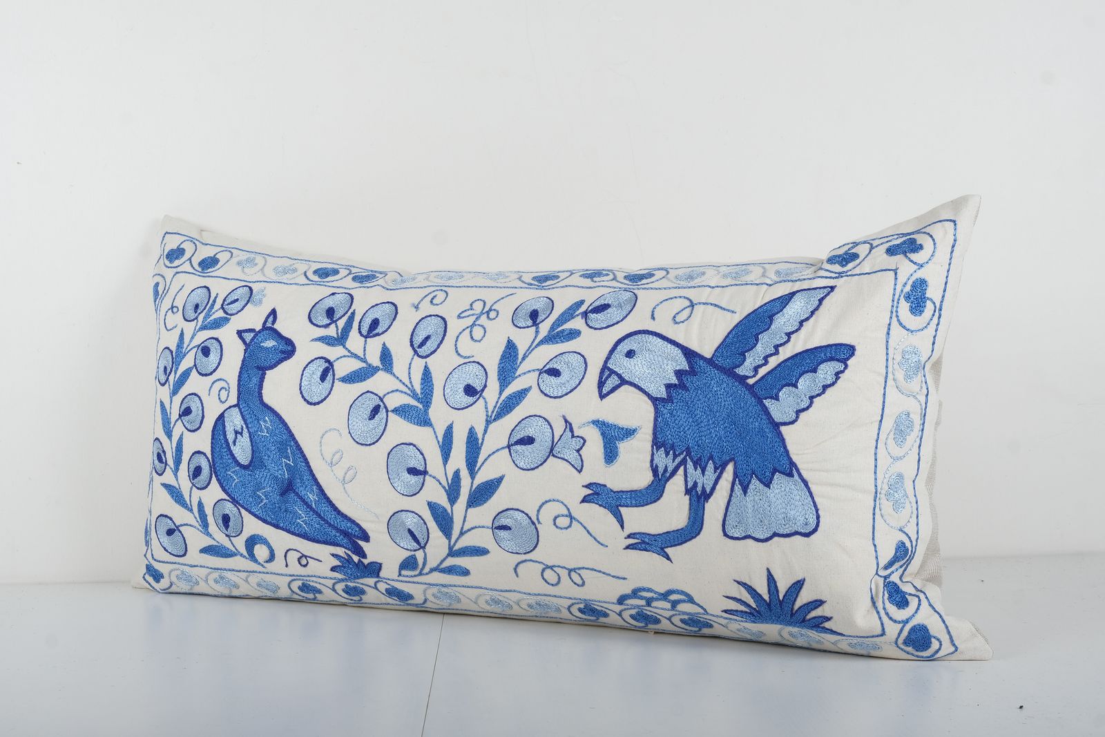 Tashkent Suzani Animal Bedding Pillow Case Made From Suzani, Lumbar Fish Blue Tashkent Cushion Cover photo furniture