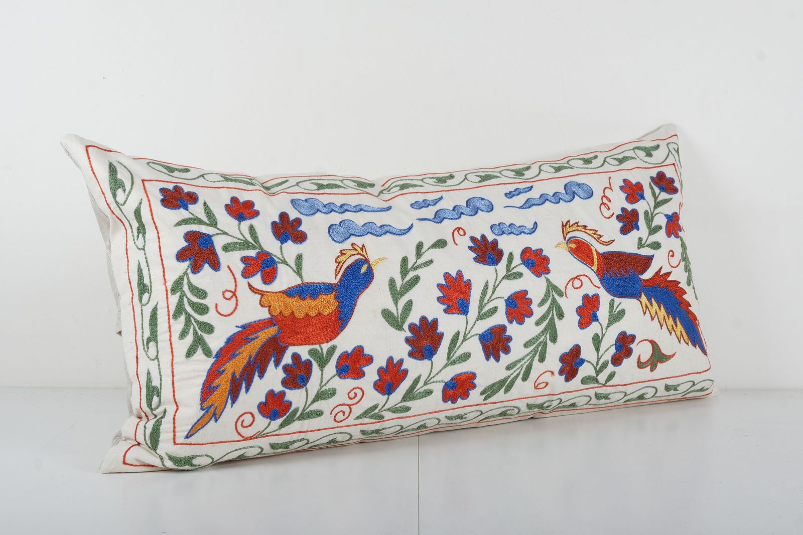 Uzbek Extra Long Suzani Cover With Bird Motif, Tree Of Life Suzani Pillow Case Made From Cotton Fabric photo for sale