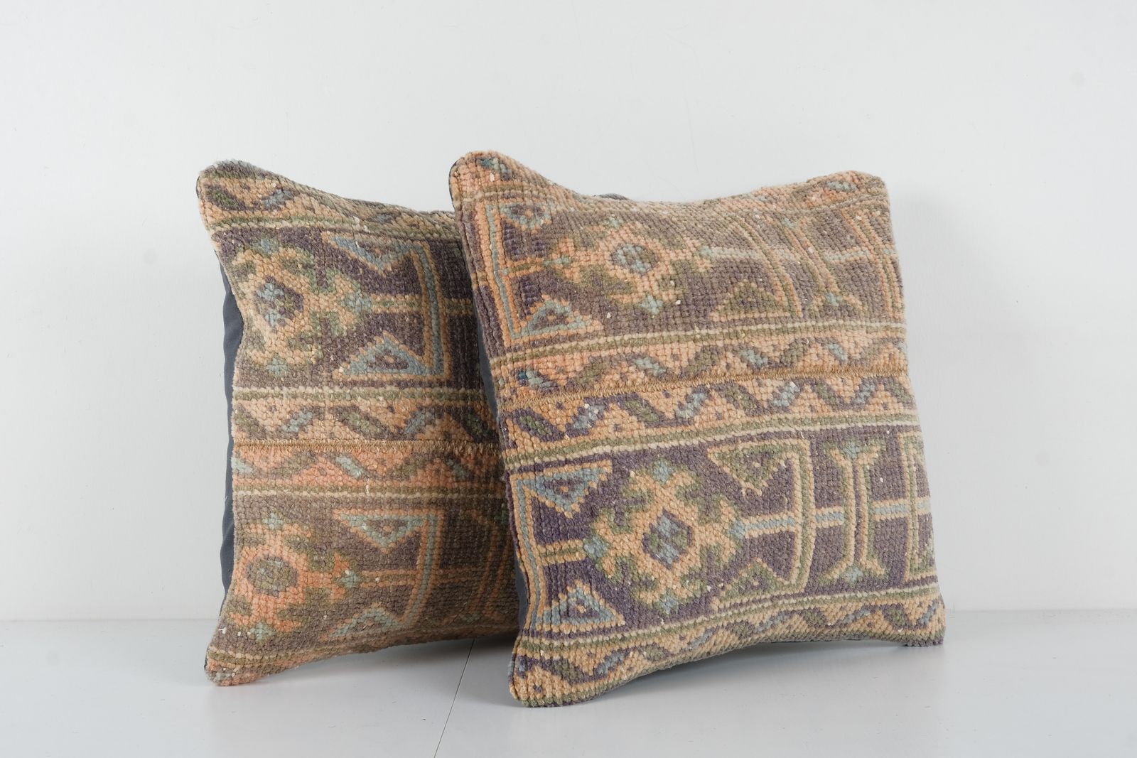 Turkish Oushak Pillow Cover, Set Of Two Tan And Brown Wool Boho Woven Carpet  Cover photo for sale