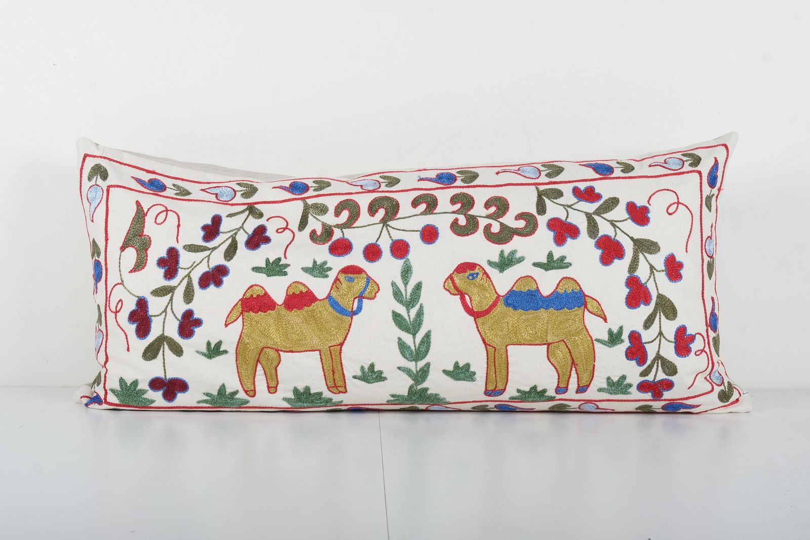Vintage Oversize Suzani Pillow Cover With Camel Motifs, Animal Uzbek Decorative Pillow, Gold Ethnic Designer Pillow Case