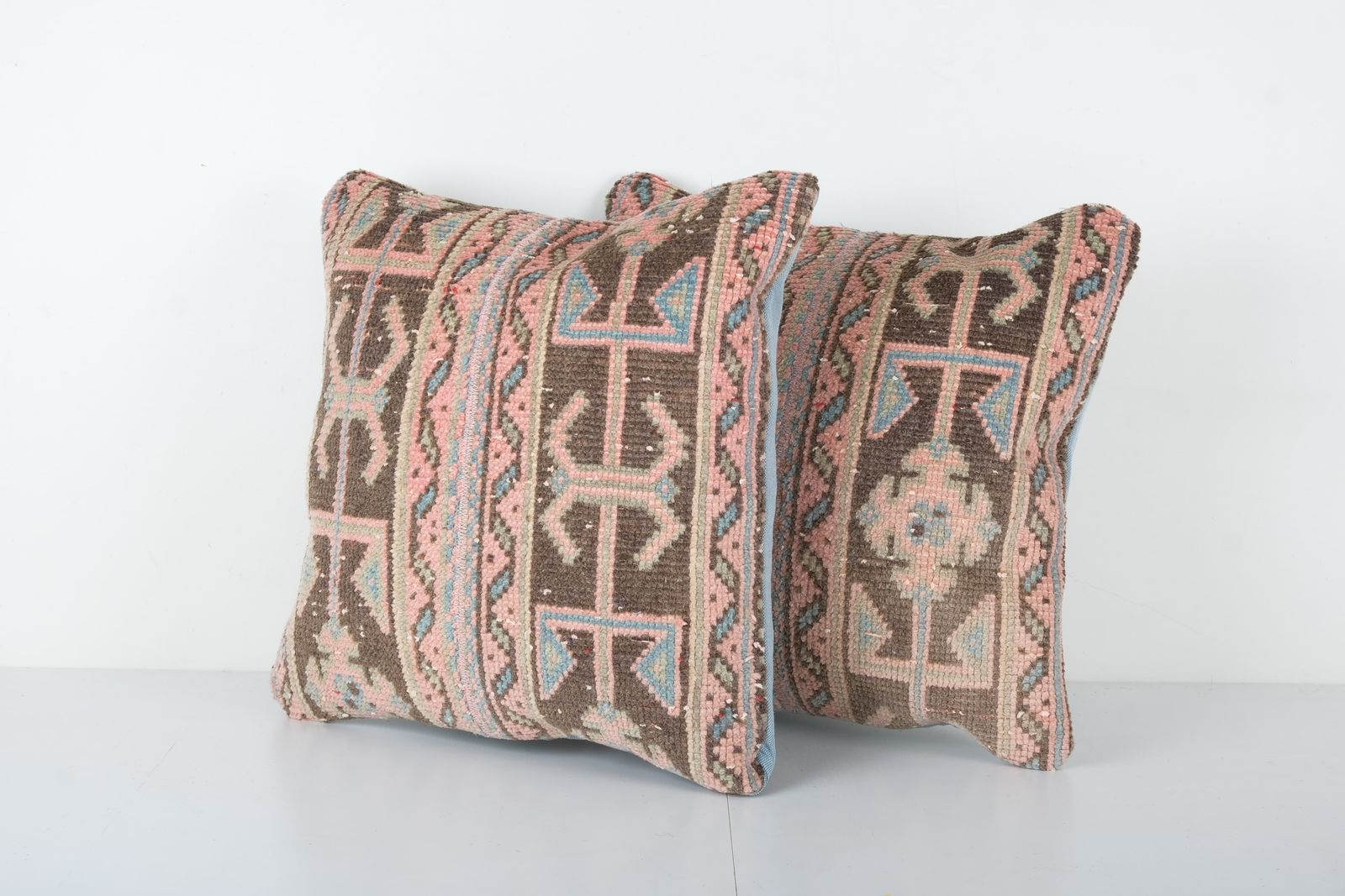 Square Turkish Oushak Rug Pillow Cover, Set Of Two Tan And Brown Wool Boho Woven Carpet Pillow Cover photo Textiles
