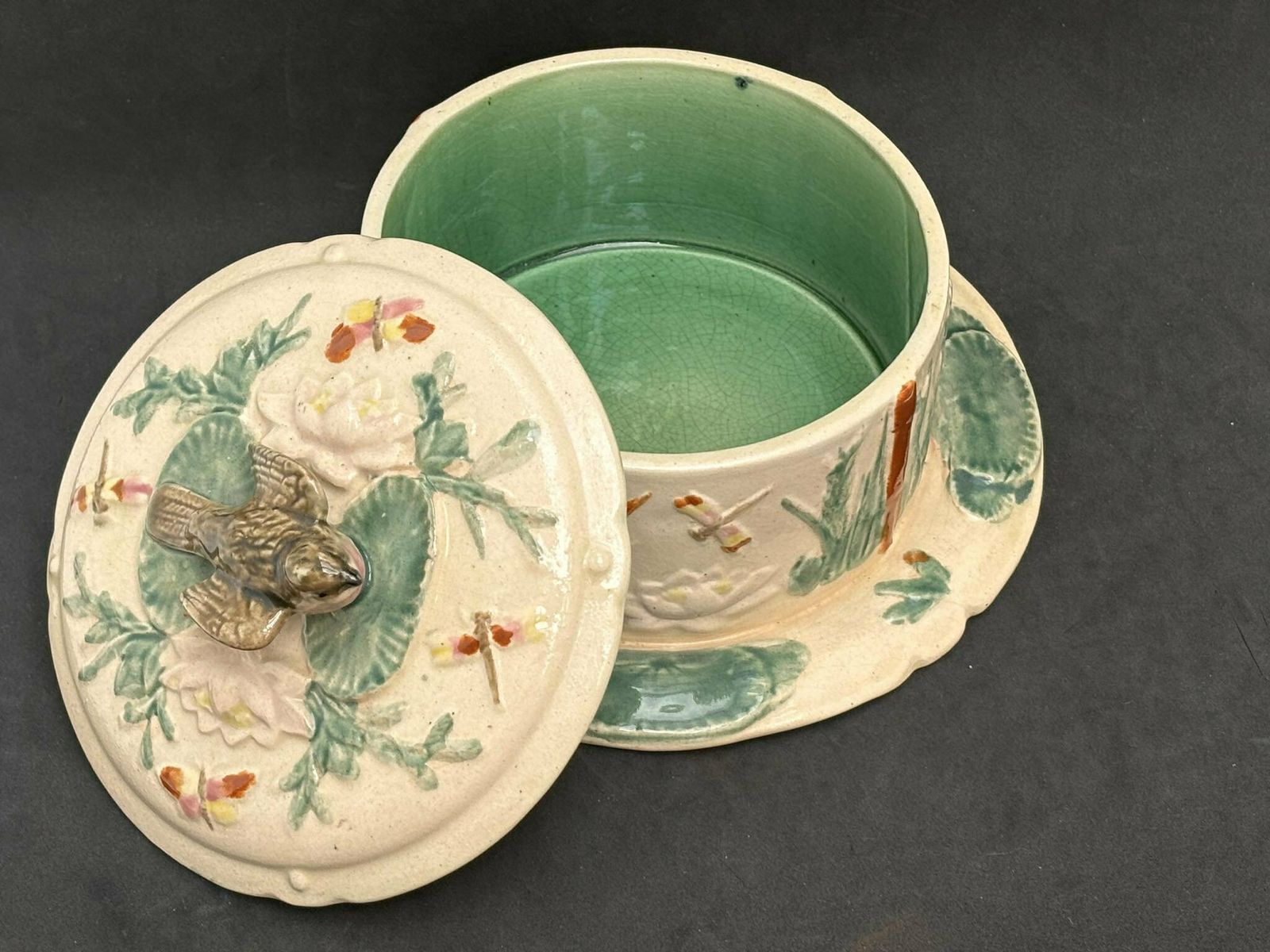 Antique Danish Ceramic Butter Or Cheese Round Dish With Cover Lidded Butter Dish Scandinavian Stoneware Bird Decoration Bamboo And Lotus photo furniture