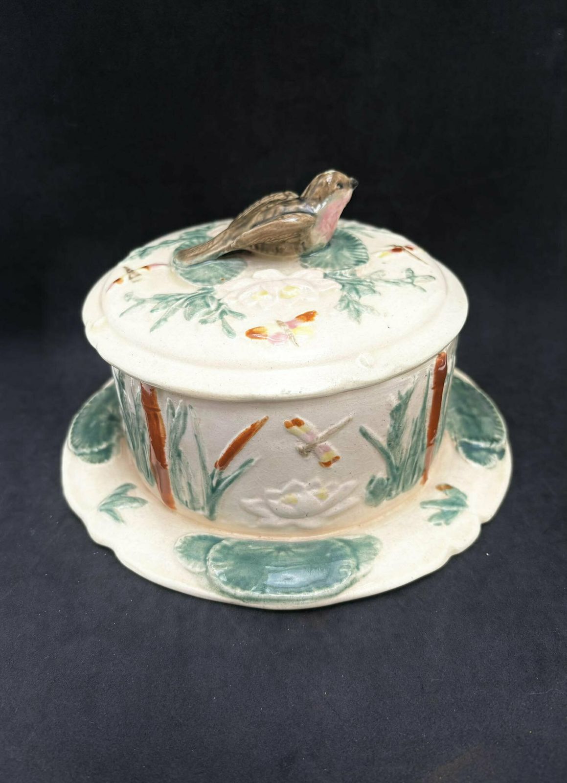 Antique Danish Ceramic Butter Or Cheese Round Dish With Cover Lidded Butter Dish Scandinavian Stoneware Bird Decoration Bamboo And Lotus photo vintage
