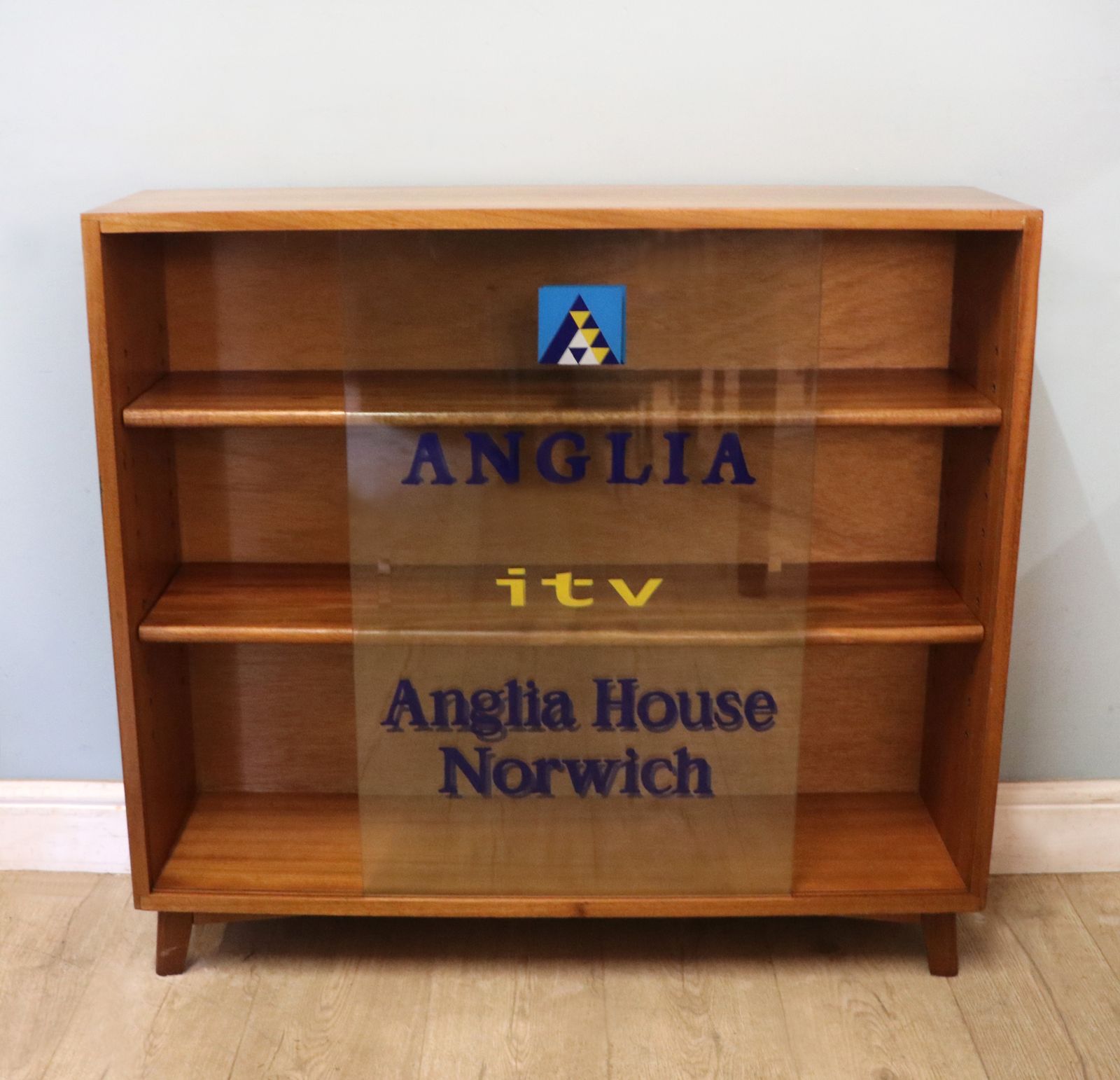 A Lovely Quality Mid Century Bookcase Cabinet,  Later Sign Written For Anglia Television. photo 595.0