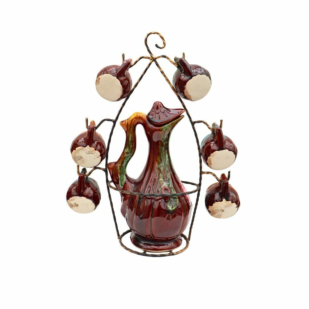 Mid Century Vallauris Pottery Licquor Shot Decanter Set With 8 Cups, Whimsical French Pottery Licquor Decanter Set On Metal Stand photo Home Decor
