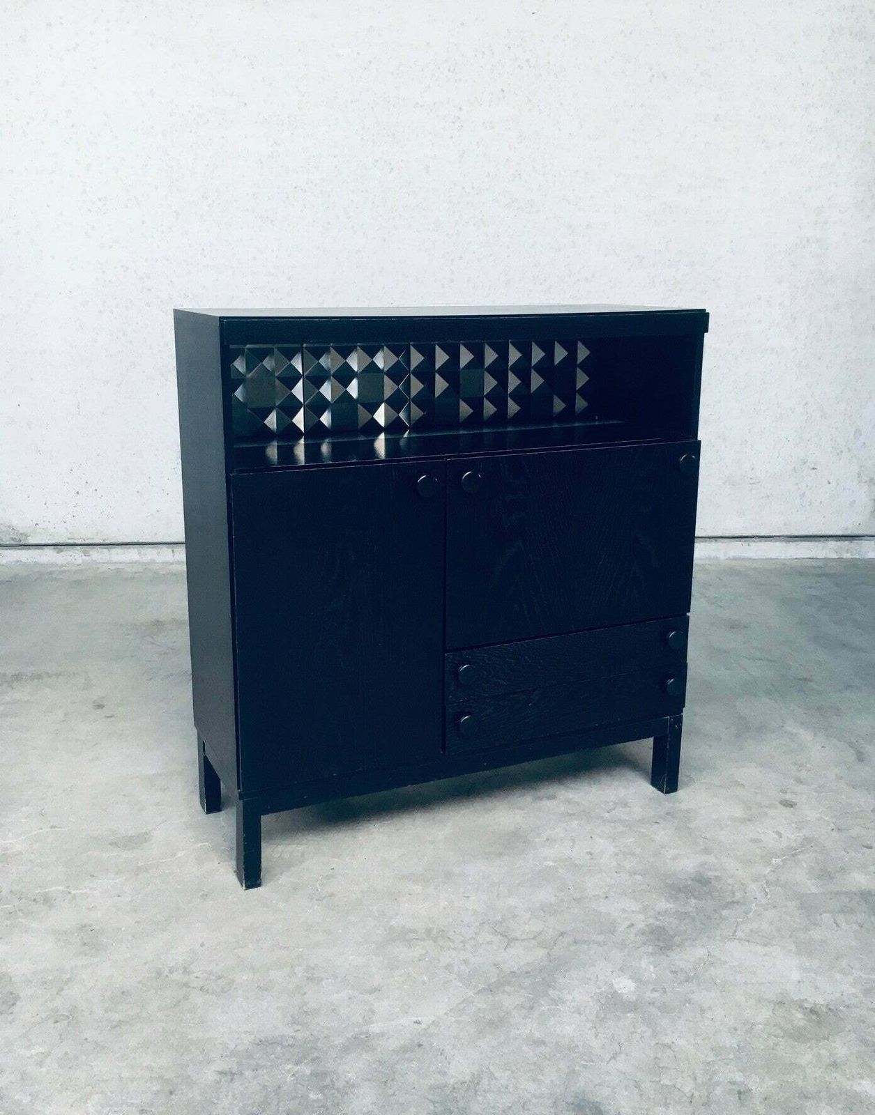 Brutalist Design Black Ebonized Dry Bar Cabinet, Belgium 1970's photo vinterior