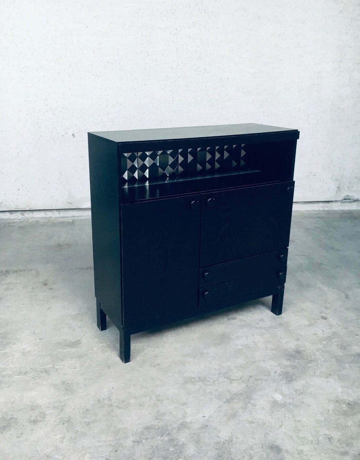photo for sale Brutalist Design Black Ebonized Dry Bar Cabinet, Belgium 1970's