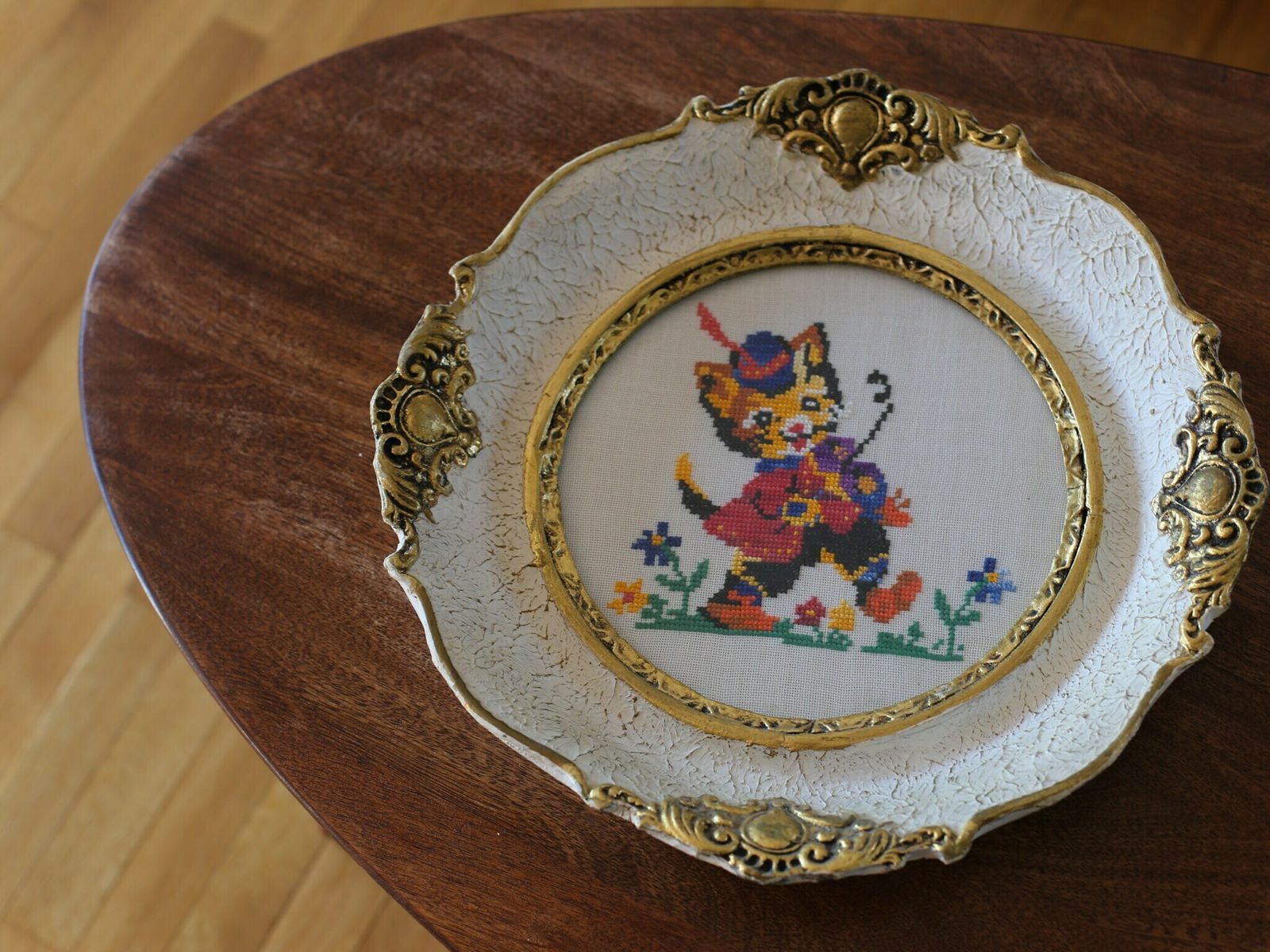 Vintage Framed Handmade Yugoslavia Gobelin Tapestry / Antique Cat Gobelin Tapestry / Round Needlepoint Cross Stitch Embroidery / Kids Room photo vintage