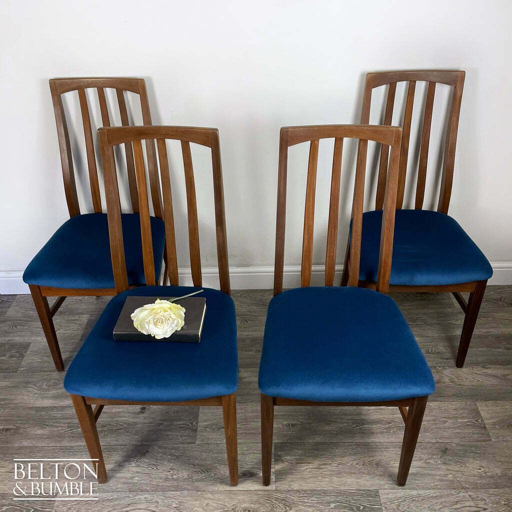 Set Of Four Teak Dining Chairs With Navy Velvet photo furniture