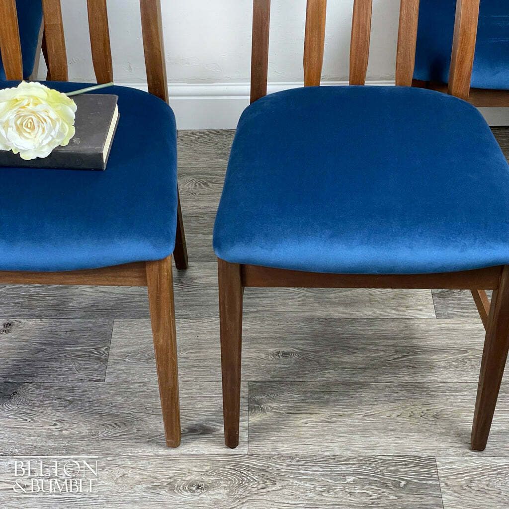 Set Of Four Teak Dining Chairs With Navy Velvet photo vintage
