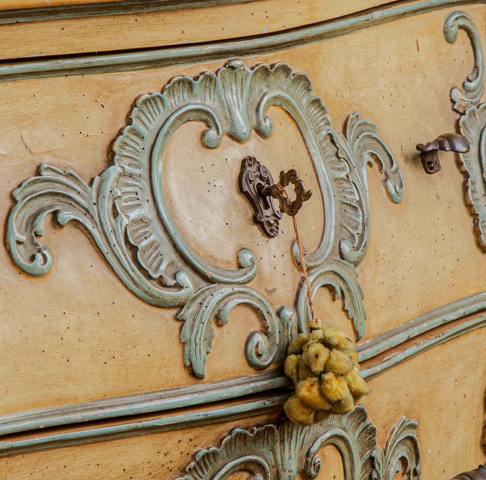 Furniture Italian Hand Painted Louis XV Style Bombe Chest, Circa Mid 1900's photo