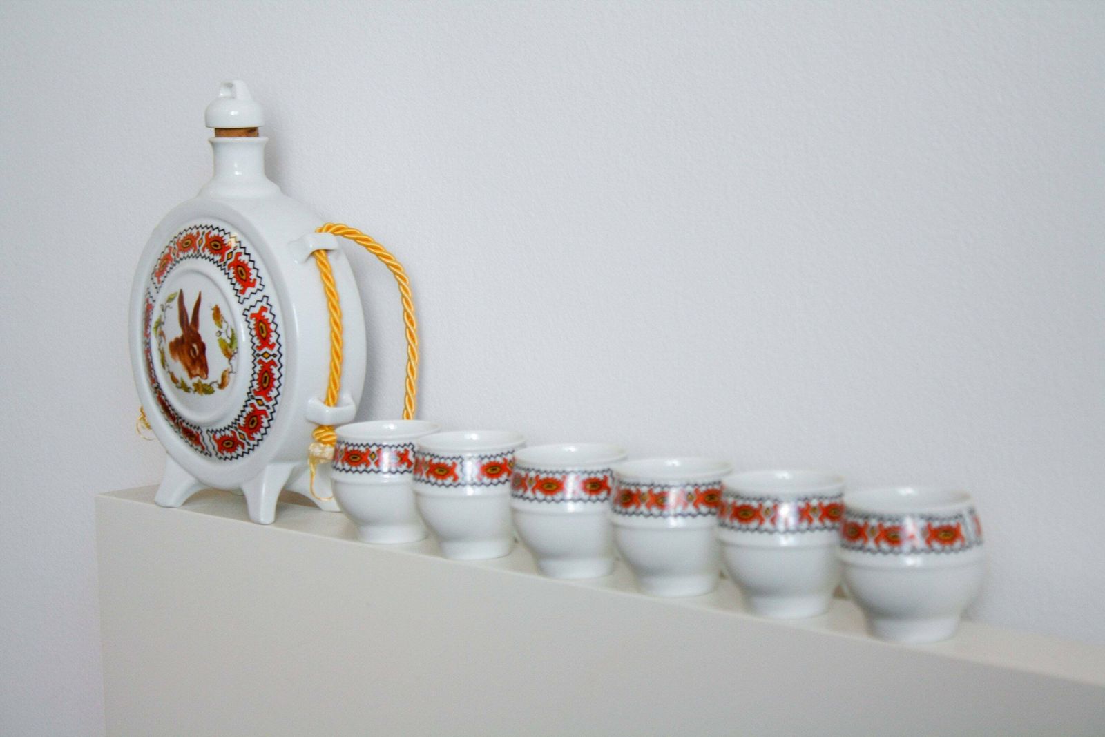 Vintage Fp Zajecar Yugoslavia Ceramic Decanter Set / Vintage Pottery Liquor Decanter Flask Set / 6 Shot Glasses / 70s / Made In Yugoslavia photo vintage