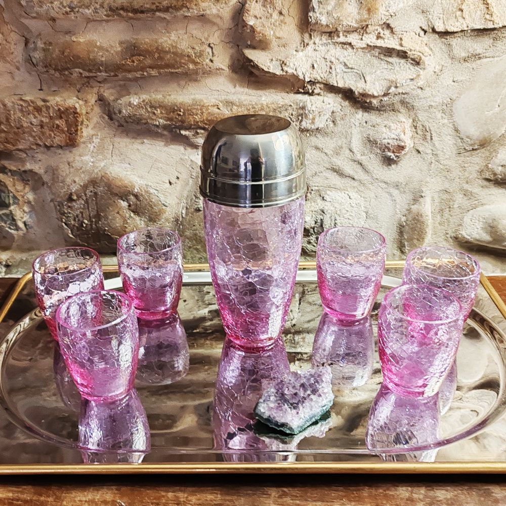 Stunning Set With Conctail Shaker And 6 Glasses In Pink Cracle Glass   1960s photo furniture