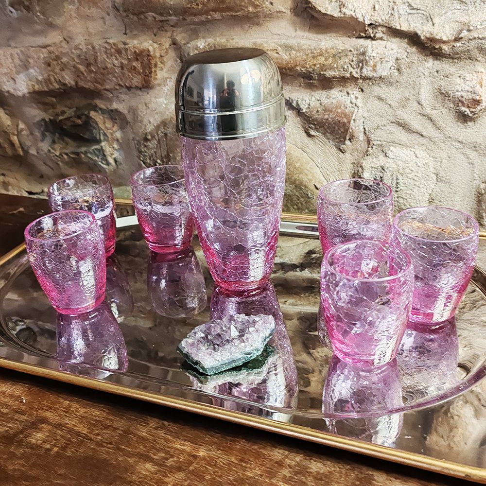 Stunning Set With Conctail Shaker And 6 Glasses In Pink Cracle Glass   1960s photo for sale