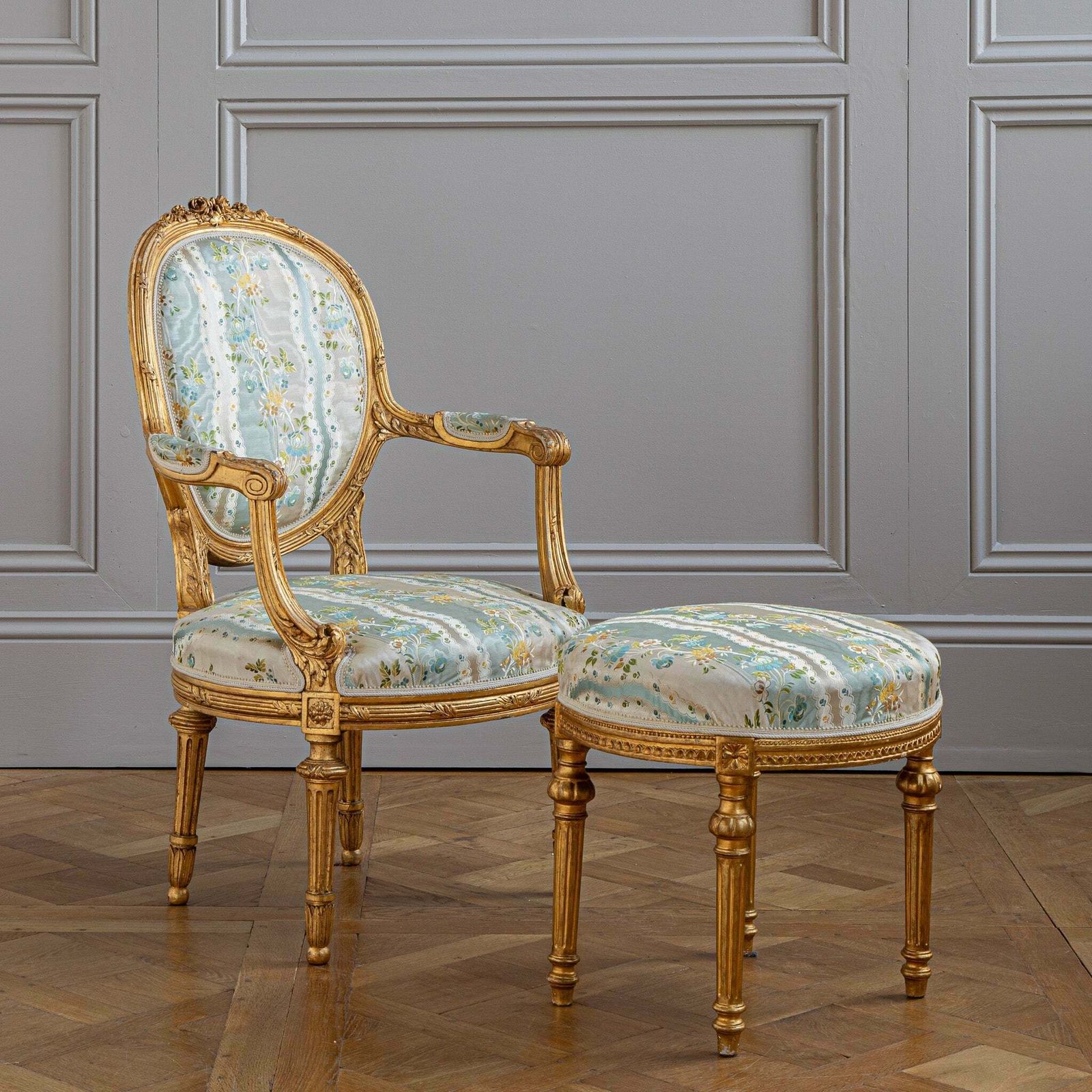 French Louis XVI Style Giltwood Armchair & Foot Stool, Circa Late 1800's