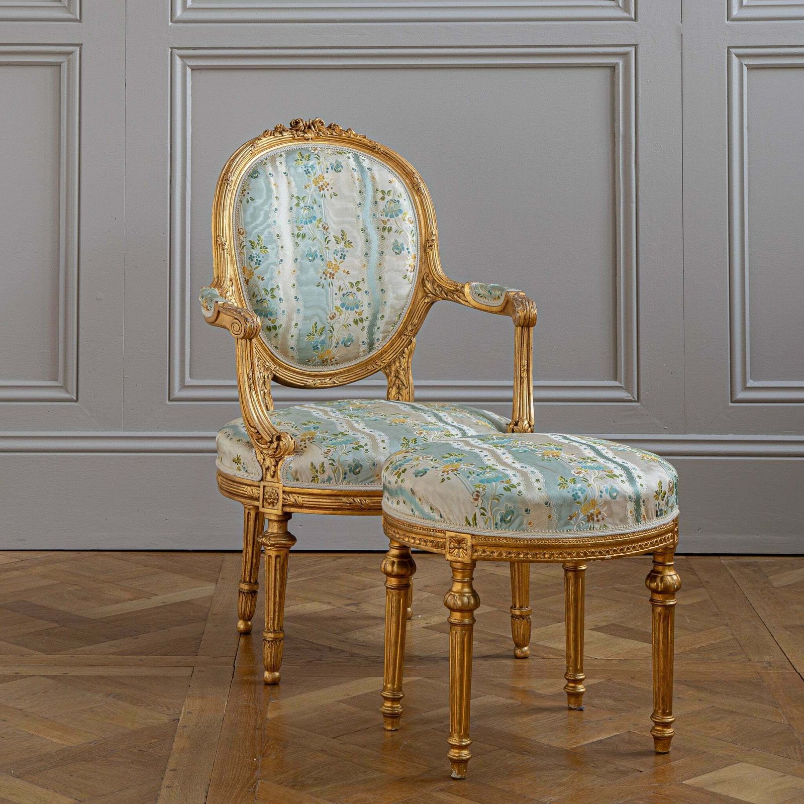 French Louis XVI Style Giltwood Armchair & Foot Stool, Circa Late 1800's photo furniture
