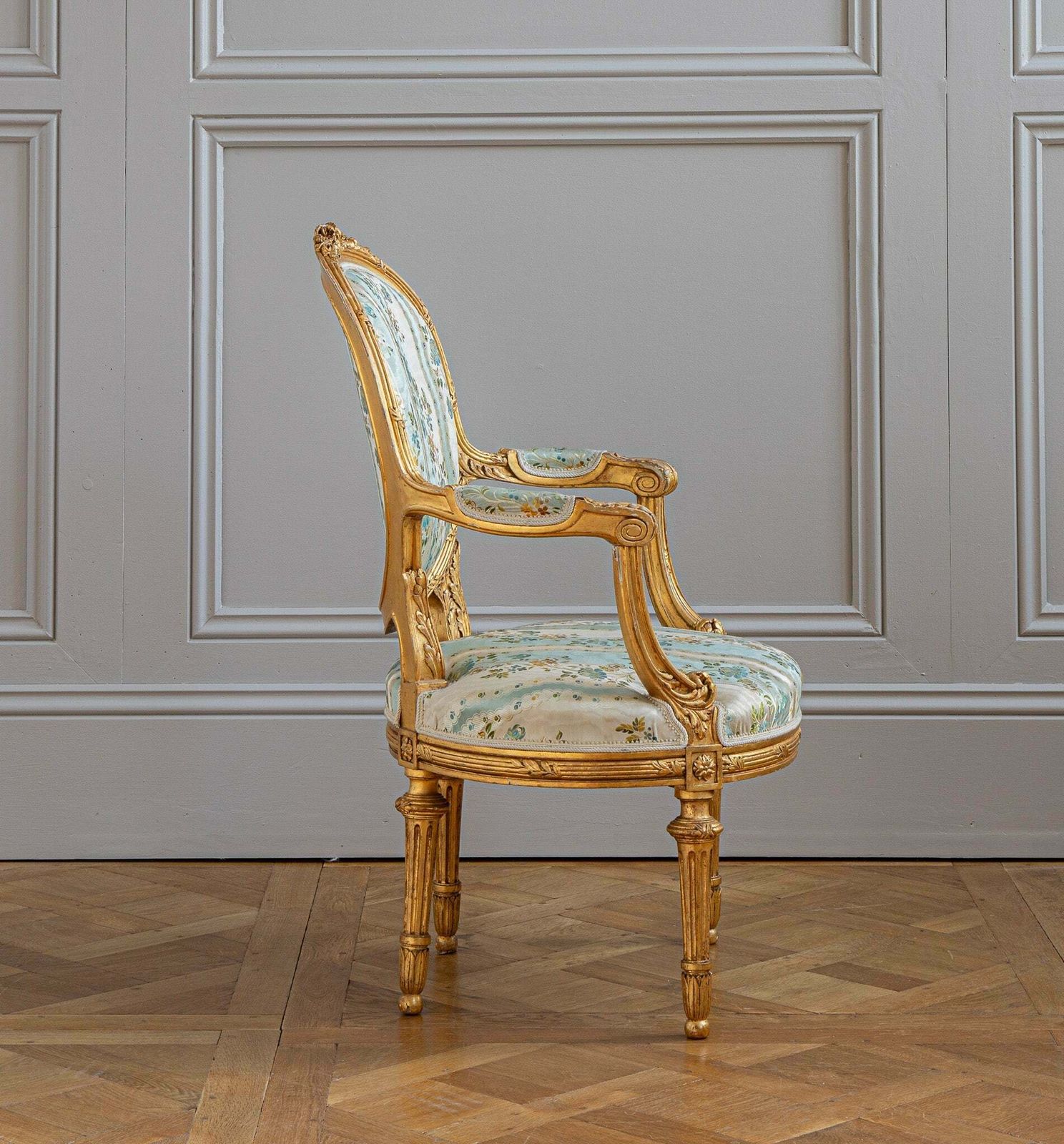 French Louis XVI Style Giltwood Armchair & Foot Stool, Circa Late 1800's photo vinterior