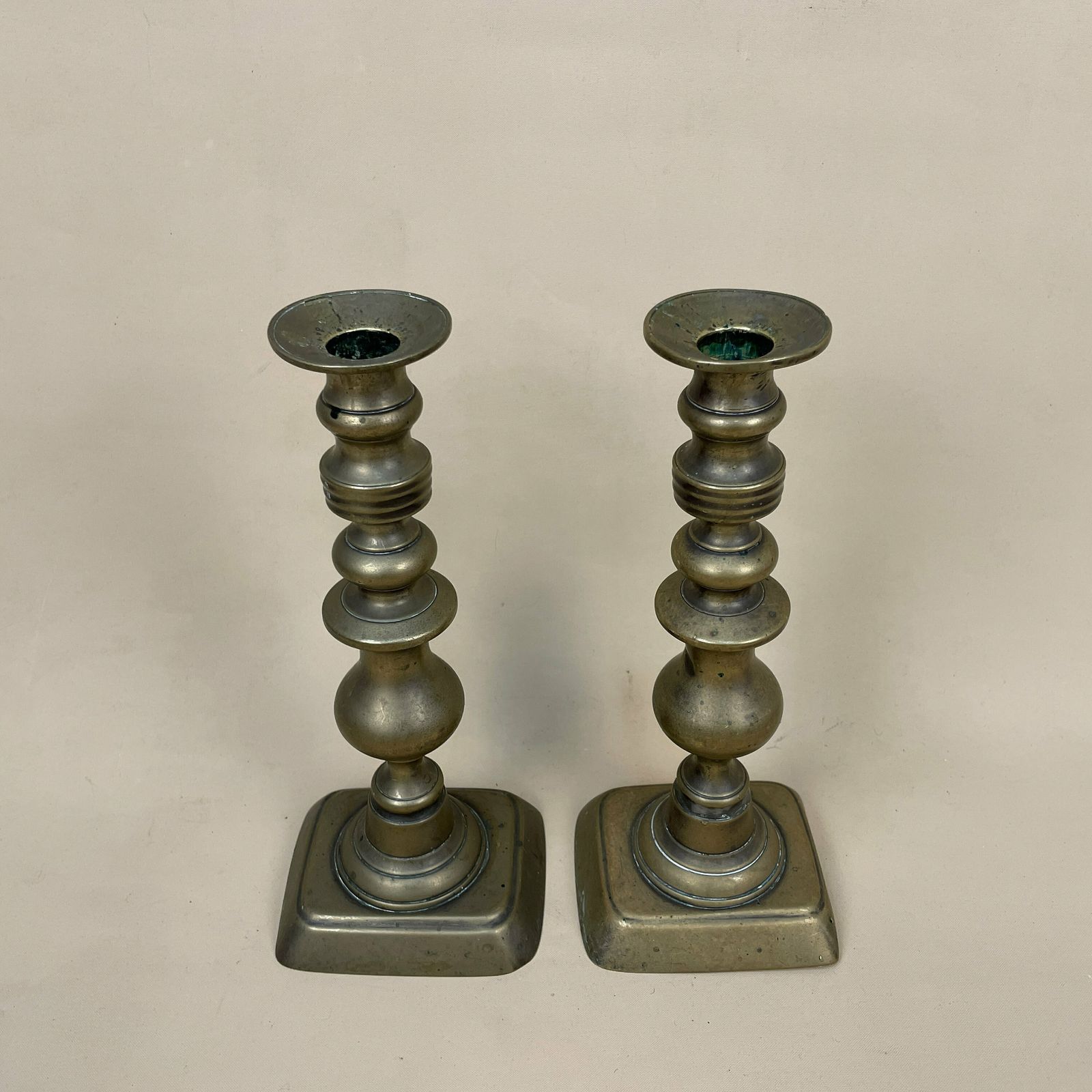 Antique Matching Pair Of Gold Brass Metal Candlestick Candle Stick Vintage Column Taper Dinner Candlesticks Twisted Twist Round Base photo furniture