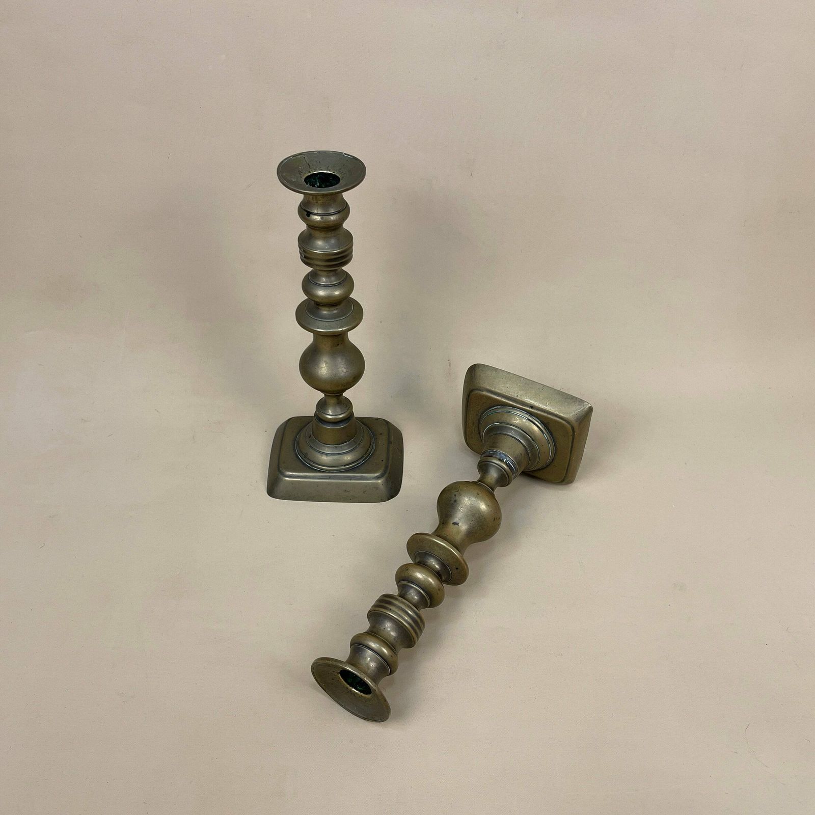 Antique Matching Pair Of Gold Brass Metal Candlestick Candle Stick Vintage Column Taper Dinner Candlesticks Twisted Twist Round Base photo Home Decor