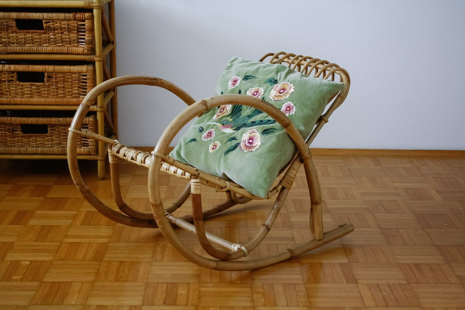 Vintage Franco Albini Kids Wicker Bamboo Rocking Chair / Children's Rattan Rocking Chair / 70s Italy / Mid Century Rattan Wicker Furniture photo Furniture