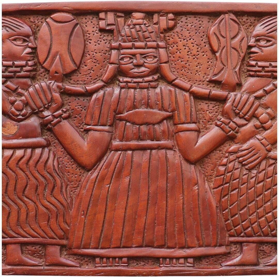 Large Solid Carved Teak Wood African Panel Depicting African Queen And Subdits, African Tribal Wall Art, Mid Century African Panel photo buy