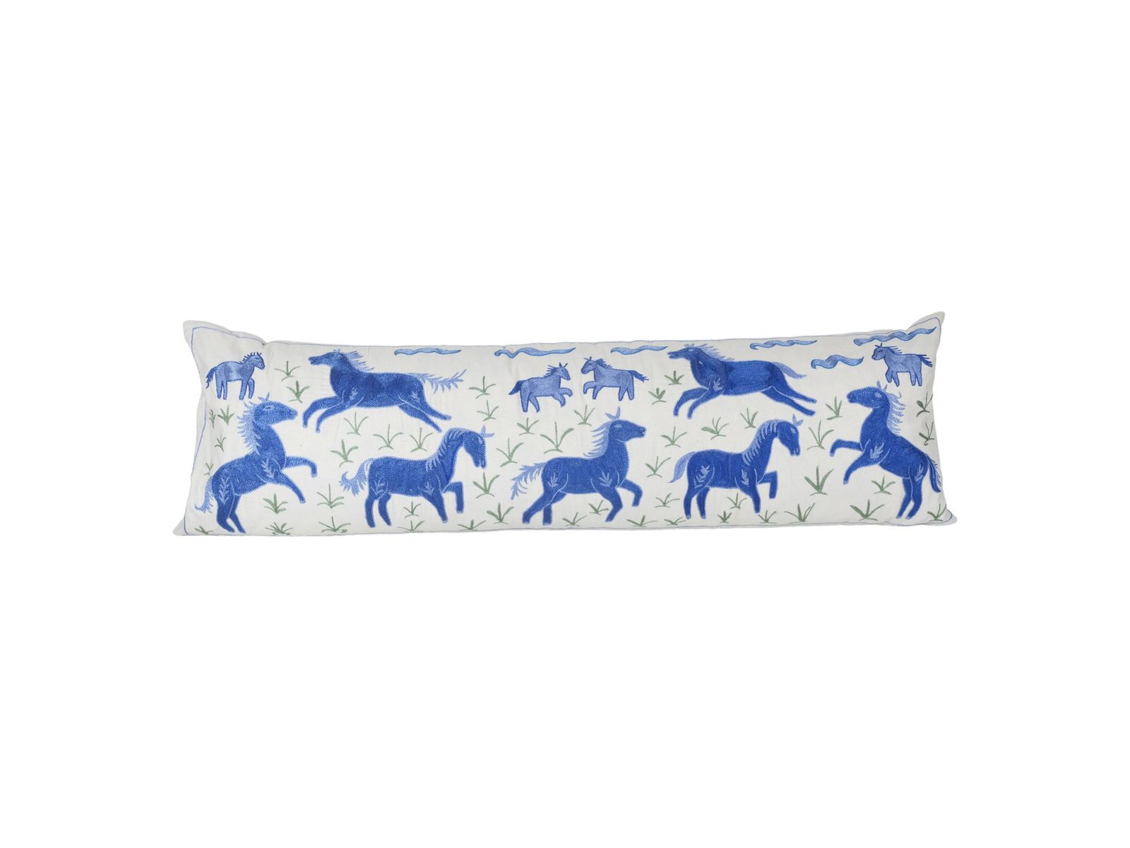 Uzbek Extra Long Suzani  Cover With Animal Motif, Blue Horse Pictorial Suzani Pillow Case Made From Cotton Fabric